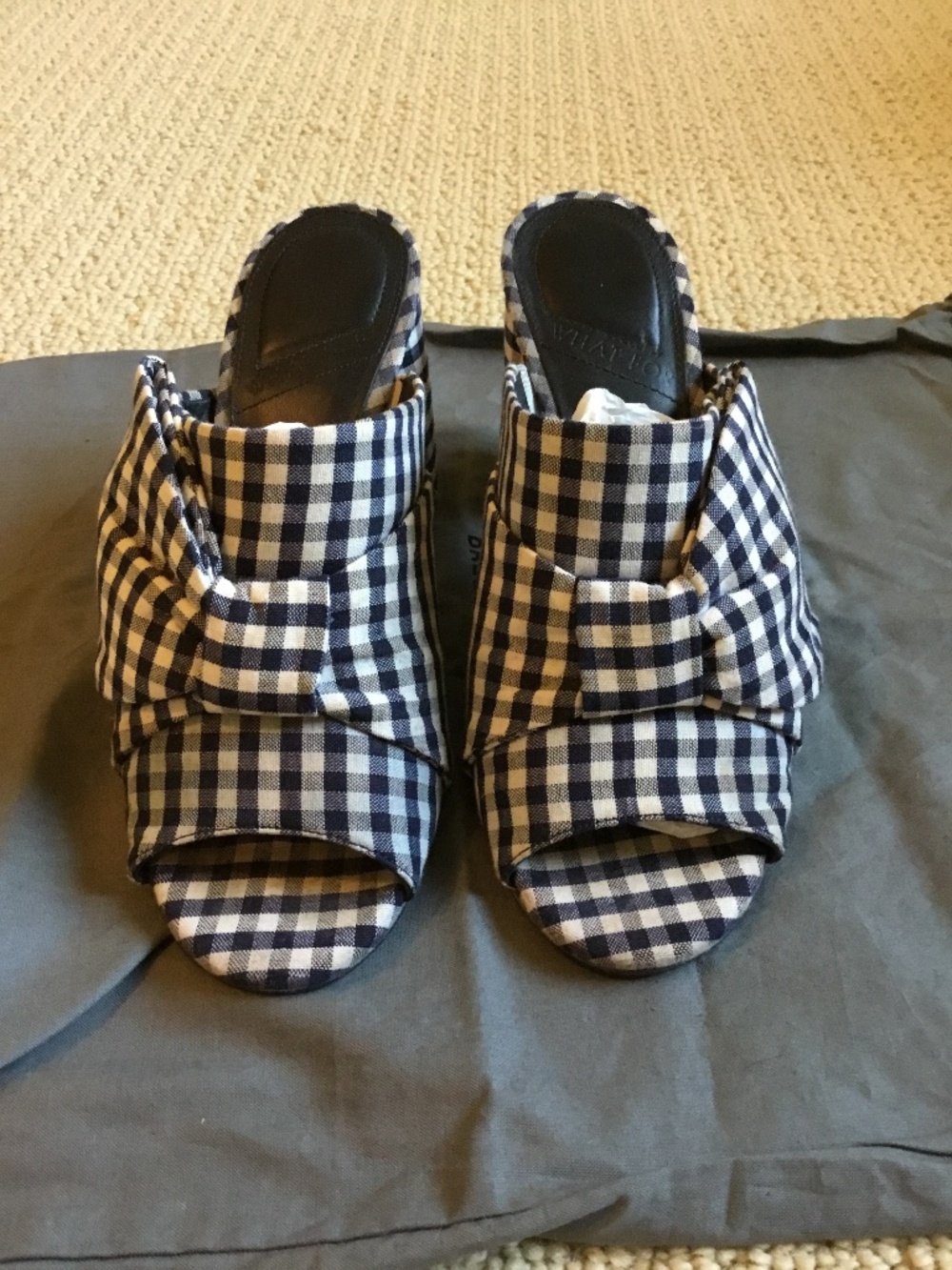 Balenciaga Navy & White Gingham Bow Block Heel Mules